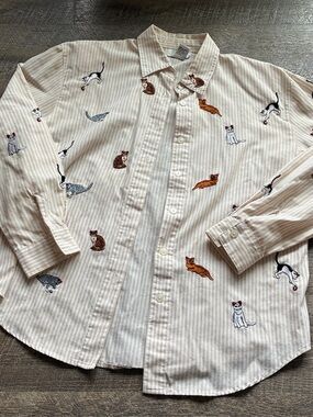 Cat Shirt Teddi Striped Button Down Long Sleeve Shirt with Embroidered Cats